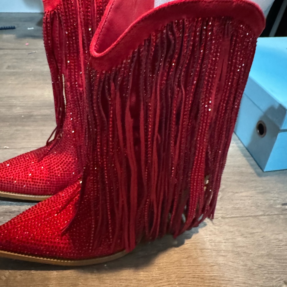 Red Fringe Crystal Western Boots - Women